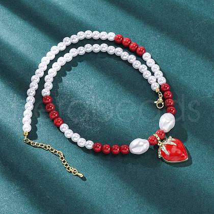 Strawberry Brass Micro Pave Clear Cubic Zirconia Red Enamel Pendant Necklaces for Women NJEW-G162-04G-1