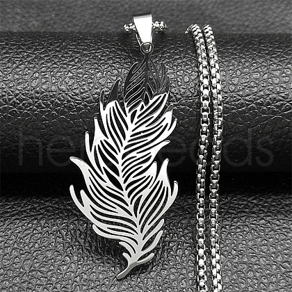 304 Stainless Steel Feather Pendant Necklaces NJEW-K283-12P-1
