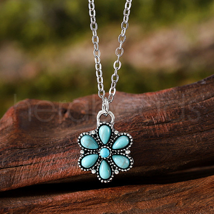 Alloy Pave Dyed Synthetic Turquoise Pendant Flower Necklaces FS-WG8B1C9-01-1
