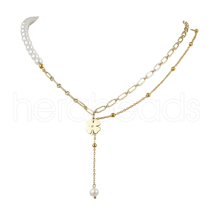 Round Shell Pearl & Brass Chain Flower Pendant Necklaces NJEW-JN04963-1
