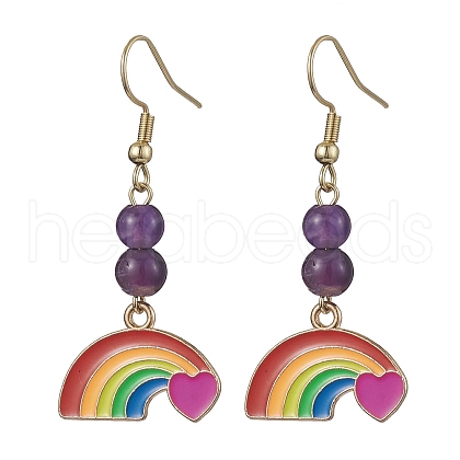 Rainbow Alloy Enamel & Natural Amethyst Dangle Earrings for Women EJEW-JE05923-1