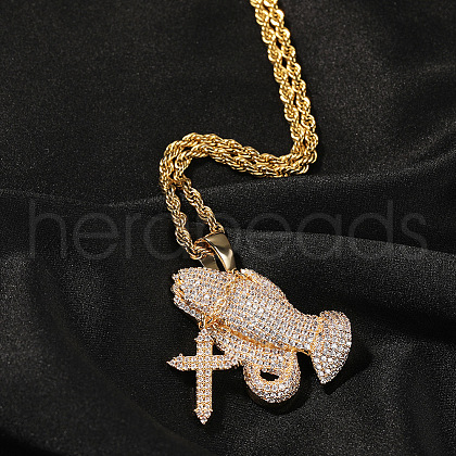 Praying Hand with Cross 316L Surgical Stainless Steel & Brass & Clear Cubic Zirconia Pendant Necklaces FS-WG75093-03-1
