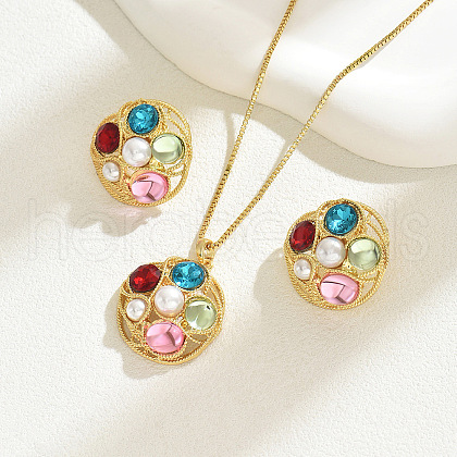 Flat Round Brass & Resin & Rhinestone Pendant Necklaces & Stud Earrings Sets FS-WG2BFFC-01-1