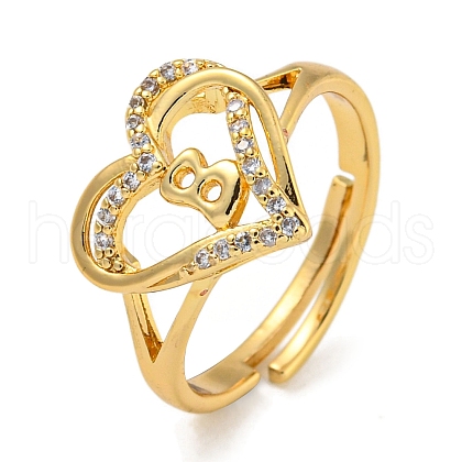 Heart with Letter Rack Plating Brass Micro Pave Clear Cubic Zirconia Adjustable Rings for Women RJEW-I105-01G-B-1