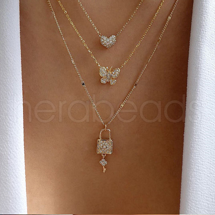 Heart & Butterfly & Lock & Key Zinc Alloy Crystal Rhinestone 3 Layers Pendant Necklaces FS-WGEE0B8-01-1