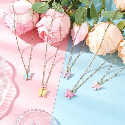 5Pcs 5 Colors Butterfly Alloy Enamel Pendant 304 Stainless Steel Cable Chain Necklaces for Women NJEW-JN05315-1