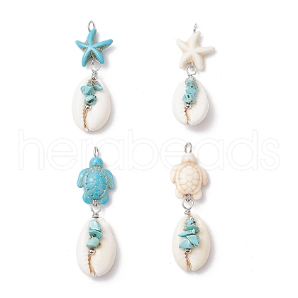 4Pcs 4 Styles Natural Cowrie Shell & Starfish Dyed Synthetic Turquoise Pendants PALLOY-JF03934-01-1
