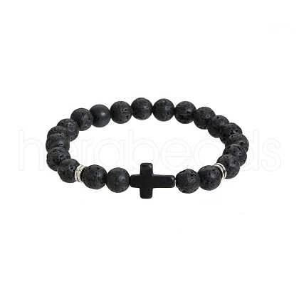 Natural Lava Rock Round & Black Stone Cross Beaded Stretch Bracelets AL9928-3-1