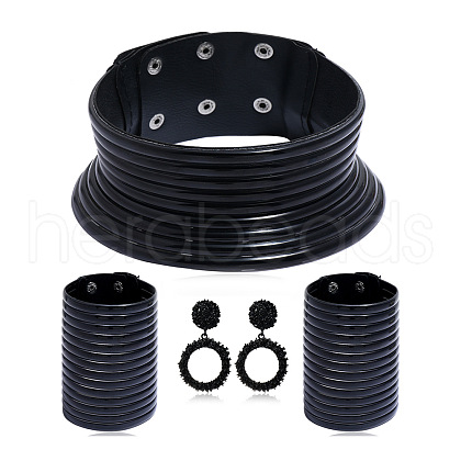 African Vintage Plastic & Resin Long Neck Collar & Wide Leather Bracelet & Stud Earring Sets FS-WGD976E-04-1