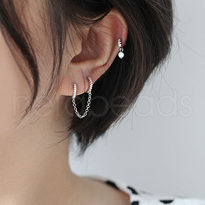 Brass Micro Pave Clear Cubic Zirconia Hoop Cartilage Earrings with Chain WG710C0-01-1