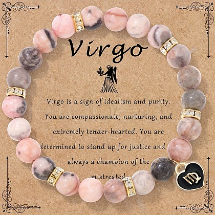 12 Constellations Natural Zebra Jasper Round Beaded with Enamel Heart Charm Bracelets WGB6967-08-1