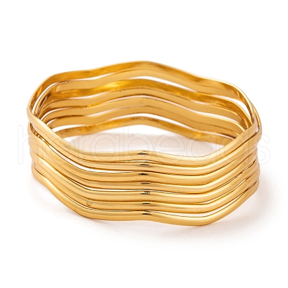 7Pcs PVD Vacuum Plating 304 Stainless Steel Wave Bangles Set for Women BJEW-A011-10C-G-1