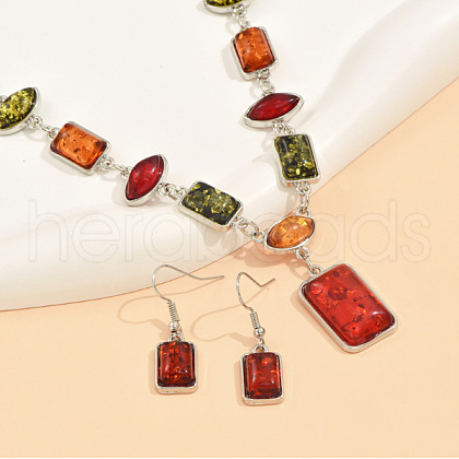 Rectangle Horse Eye Alloy & Resin Pendant Necklaces & Dangle Earrings Sets FS-WGE4E7B-01-1