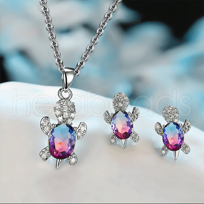 Tortoise Alloy Rhinestone & Glass Pendant Necklaces & Stud Earrings Sets FS-WG4B54D-06-1