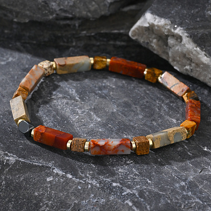Bohemian Style Natural Red Jasper & Picture Jasper Stretch Beade Bracelet for Men HW6773-1