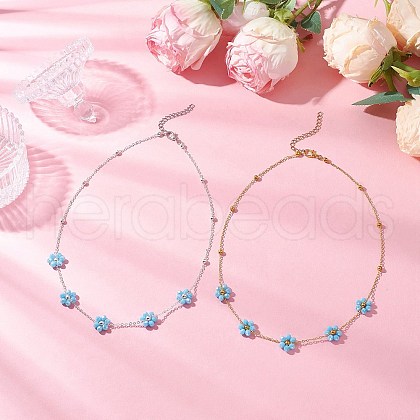 2Pcs 2 Colors Brass & Faceted Round Glass Beaded Flower Link Chain Necklaces NJEW-JN05296-1
