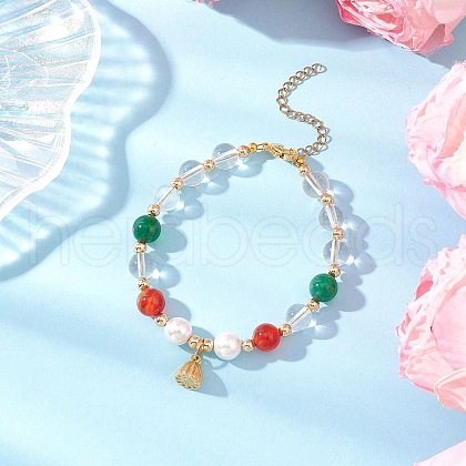 Natural Striped Agate & Quartz Crystal & Shell Pearl Round Beads Stretch Bracelets BJEW-JB11916-02-1