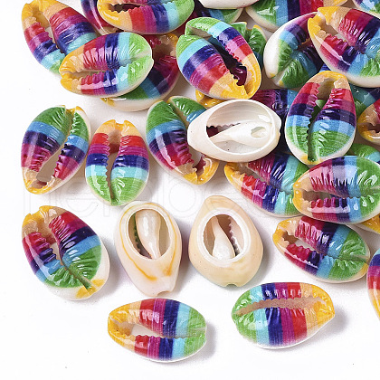 Printed Natural Cowrie Shell Beads X-SSHEL-R047-01-A04-1