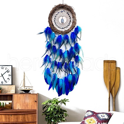 Rattan Woven Net/Web with Feather Hanging Ornaments PW-WG6131E-03-1