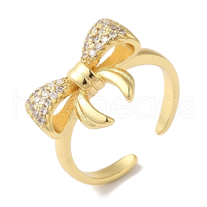 Bowknot Brass Micro Pave Clear Cubic Zirconia Open Cuff Rings for Women RJEW-C098-05G-1
