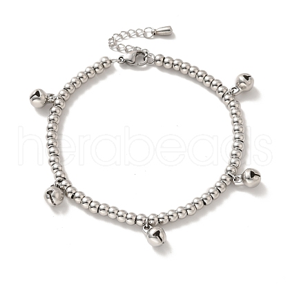 Tarnish Resistant 304 Stainless Steel Bell Charm Bracelet with 201 Stainless Steel Round Beads for Women BJEW-B057-16P-1
