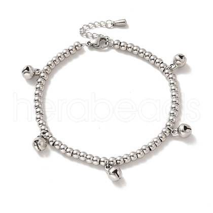 304 Stainless Steel Bell Charm Bracelet with 201 Stainless Steel Round Beads for Women BJEW-B057-16P-1