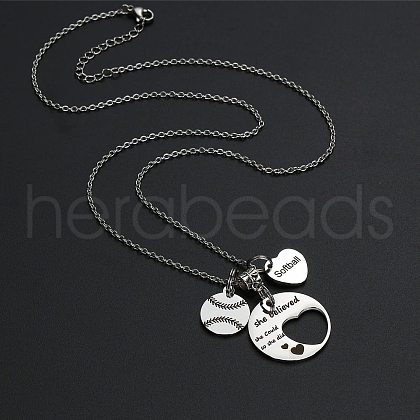 201 Stainless Steel Softball Baseball Heart Pendant Necklaces FS-WG63DEA-01-1
