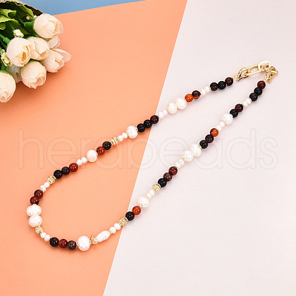 Natural Pearl & Agate & Crystal Round Beaded Necklaces NJEW-N056-01G-1