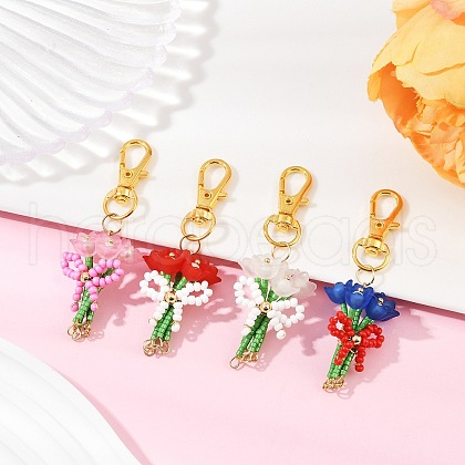 4Pcs 4 Colors Bouquet Handmade Glass Seed Beaded & Acrylic Pendants Decorations HJEW-MZ00269-1