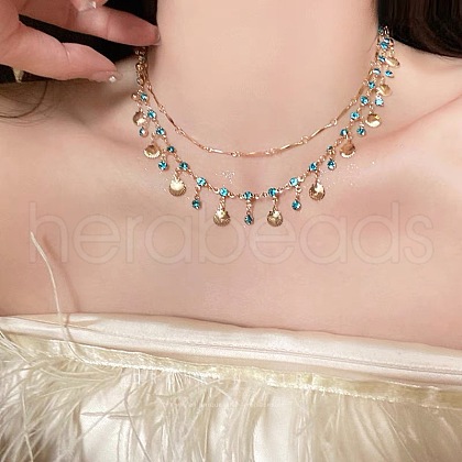 Alloy Indicolite Rhinestone Shell Shaped Tassel Double Layer Necklaces for Women FS-WG859AA-01-1