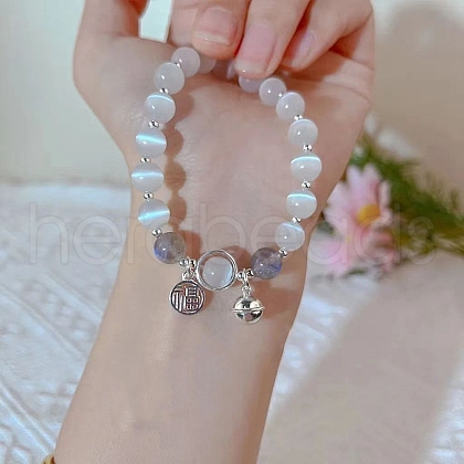 Bell Alloy & Cat Eye & Natural Moonstone Round Beaded Lucky Charm Bracelets for Women WG9D4EC-05-1