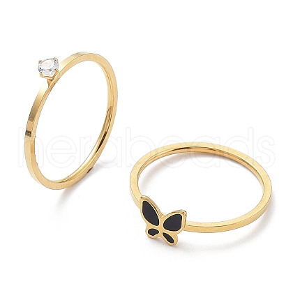 2Pcs 2 Style Ion Plating(IP) 304 Stainless Steel Butterfly Finger Rings Set with Enamel RJEW-K244-01G-1