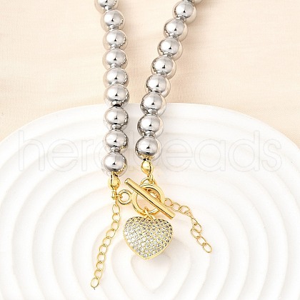 Brass Micro Pave Clear Cubic Zirconia Heart Pendant Round Beaded Necklaces for Women NJEW-D314-07PG-1