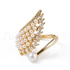 Clear Cubic Zirconia Wing Open Cuff Ring with Plastic Pearl Beaded RJEW-F139-01G-2