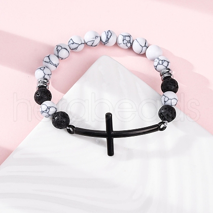 Round Synthetic Howlite &  Natural Lava Rock Bead Stretch Bracelets BJEW-F493-04EB-02-1
