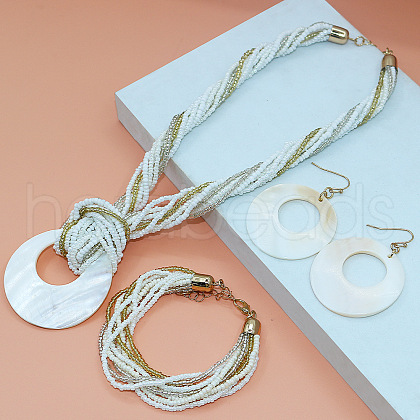 Bohemian Style Ring Shell & Glass Seed Beaded Pendant Necklaces & Dangle Earrings & Bracelets Sets FS-WG105FB-05-1
