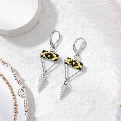 Triangle with Eye Brass Glass Seed Beaded Leverback Earrings EJEW-MZ00452-04-1