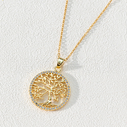 18K Gold Plated Tree of Life Pendant Necklace with CZ Stones Circle Cutout ST3543634-1
