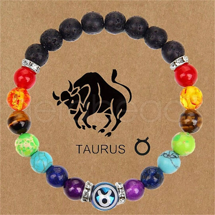 12 Constellations 7 Chakra Natural Lava Rock & Agate & Amethyst & Tiger Eye & Turquoise & Glass Round Beadeed Stretch Bracelets WG33A89-03-1