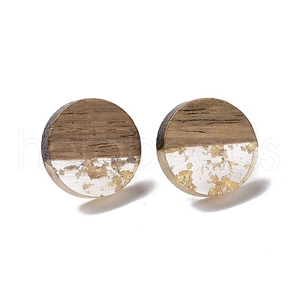Resin & Walnut Wood Flat Round Stud Earrings with 304 Stainless Steel Pin for Women EJEW-N017-010B-02-1