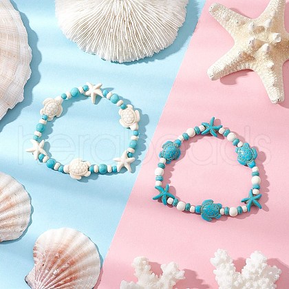 2Pcs Starfish & Turtle Synthetic Turquoise Beads Stretch Bracelets for Women BJEW-JB11921-1