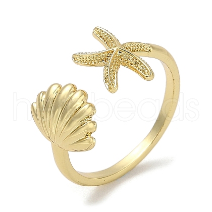 Shell Shape & Starfish Rack Plating Brass Cuff Finger Rings for Women RJEW-C114-07G-1