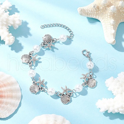 Ocean Series Alloy Shape Shell & Starfish Link Bracelets BJEW-JB11840-01-1