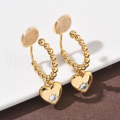 Heart Brass Micro Pave Clear Cubic Zirconia Clip-on Earrings EJEW-K286-12G-1