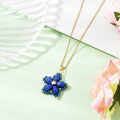 Handmade Glass Seed Beaded and Synthetic Imperial Jasper Dyed Beads Star Pendant Necklaces for Women NJEW-MZ00114-02-1