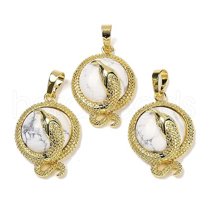 Natural Howlite Flat Round Shaped Brass Pendants KK-F887-03G-23-1