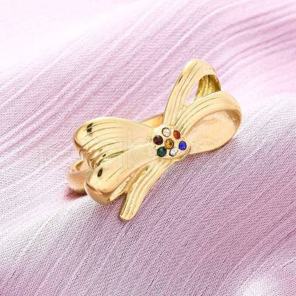 304 Stainless Steel with Rhinestone Adjustable Cuff Rings RJEW-Q020-18G-1
