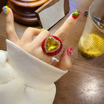 Heart Resin & Crystal Rhinestone & Glass Finger Rings FS-WGE223F-01-1