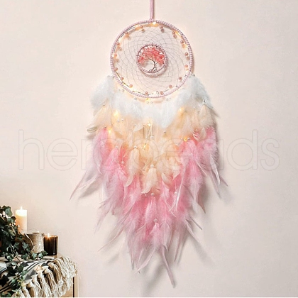 Natural Rose Quartz Chips Flat Round with Tree of Life Pendant Decorations TREE-PW0003-04-1