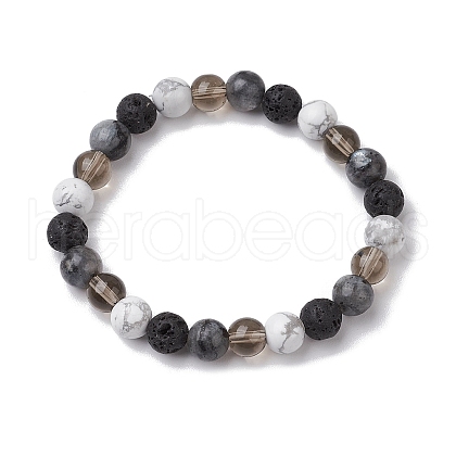 8.5mm Round Natural Larvikite & Howlite & Synthetic Smoky Quartz & Natural Lava Rock  Bead Stretch Bracelets for Women BJEW-JB10944-03-1